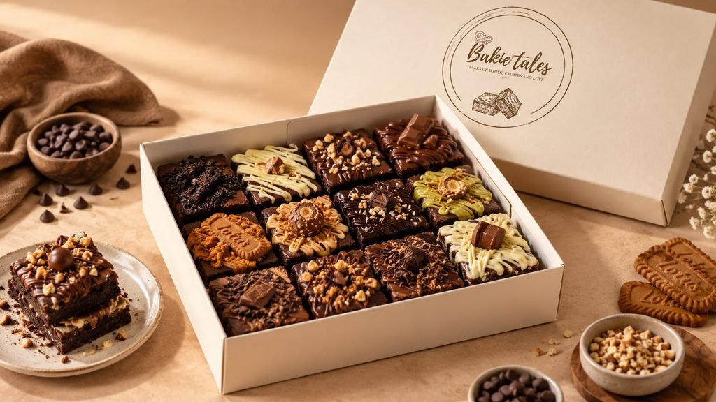 brownies for birthday from Bakie Tales, assorted in a gift box with nuts, cookie pieces, and chocolate drizzle.