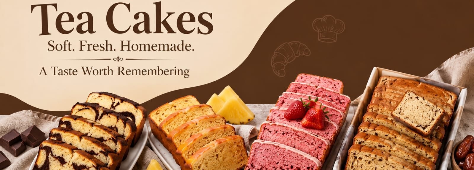 Homemade cakes at BakieTales featuring freshly baked tea cakes in delicious flavours, including marble, pineapple, strawberry, and vanilla.