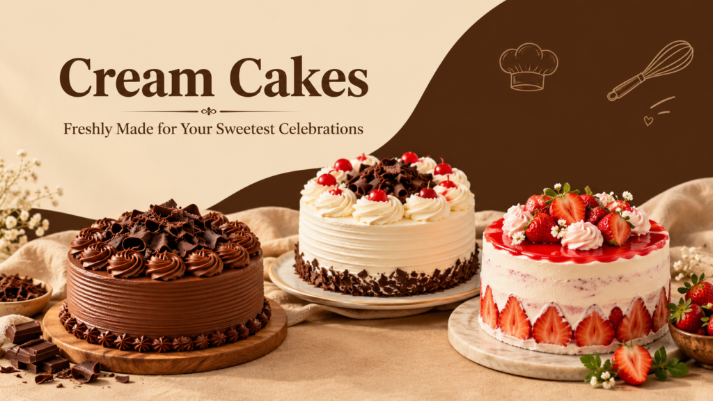 Cake shop in Trivandrum offering delicious cream cakes, including chocolate truffle, red velvet, black forest, vanilla, mango, and nut chocolate cakes at BakieTales.