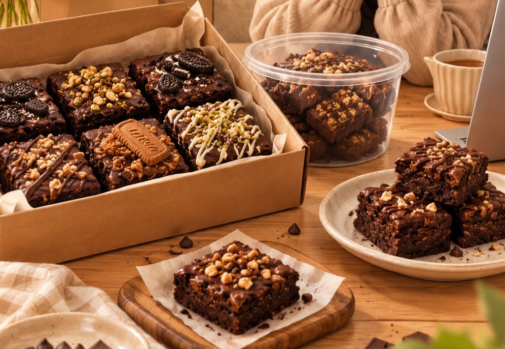 Assorted brownies to order, displayed in a sharing box, tub, and on plates.